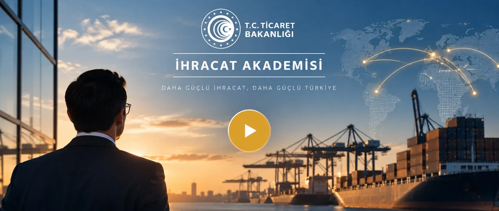 Limana ve dünya haritası grafiğine bakan iş insanı